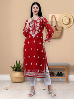 Load image into Gallery viewer, Seva Chikan Hand Embroidered Maroon Georgette Lucknowi Chikankari Kurta With Inner