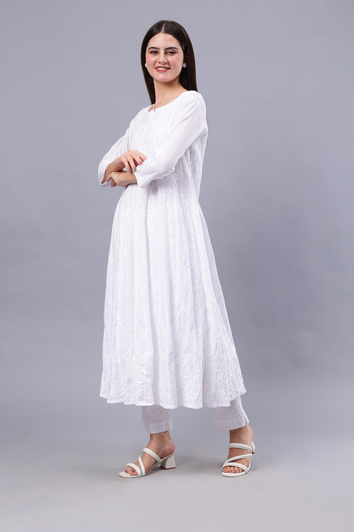 Seva Chikan Hand Embroidered White Cotton Lucknowi Chikankari Anarkali Kurta-SCL4570