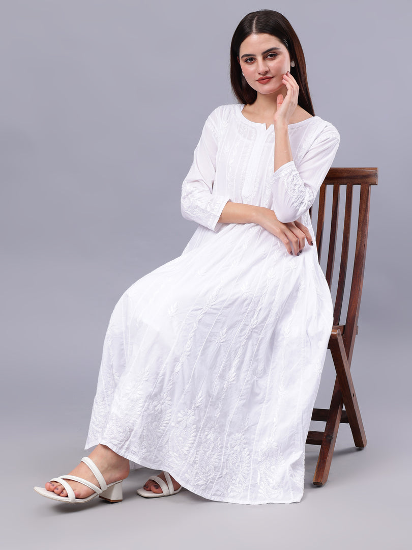 Seva Chikan Hand Embroidered White Cotton Lucknowi Chikankari Anarkali Kurta-SCL4570