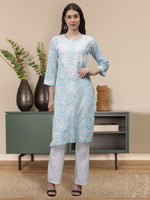 Load image into Gallery viewer, Seva Chikan Hand Embroidered Blue Mal-Mal Lucknowi Chikankari Kurta-SCL4582