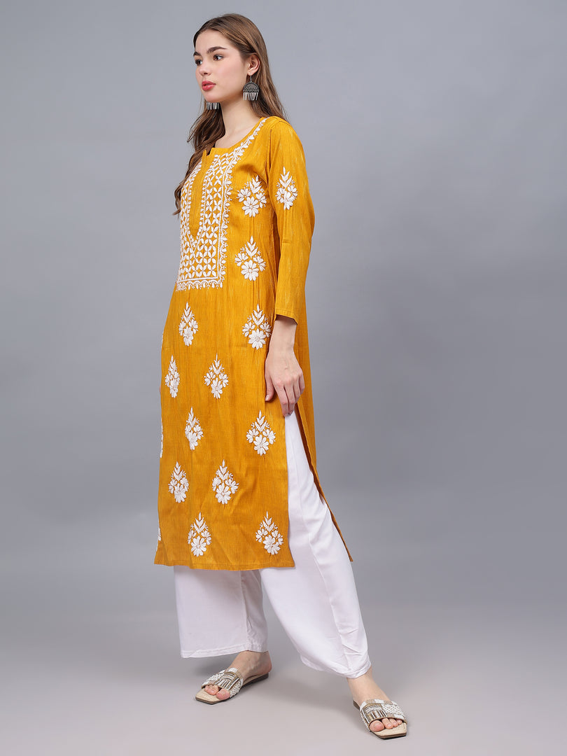 Seva Chikan Hand Embroidered Mustard Rayon Lucknowi Chikankari Kurta-SCL4588