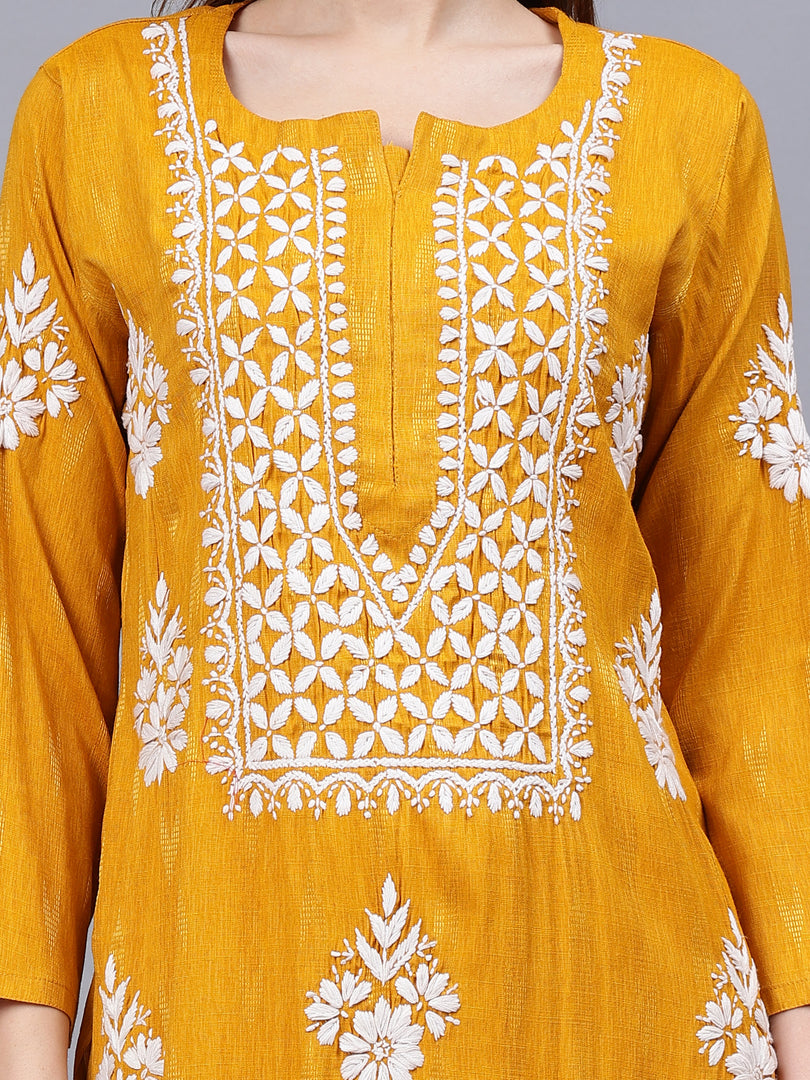 Seva Chikan Hand Embroidered Mustard Rayon Lucknowi Chikankari Kurta-SCL4588