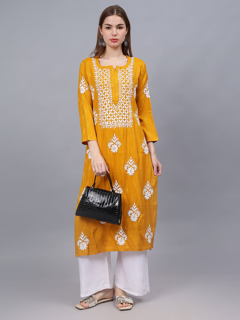 Seva Chikan Hand Embroidered Mustard Rayon Lucknowi Chikankari Kurta-SCL4588