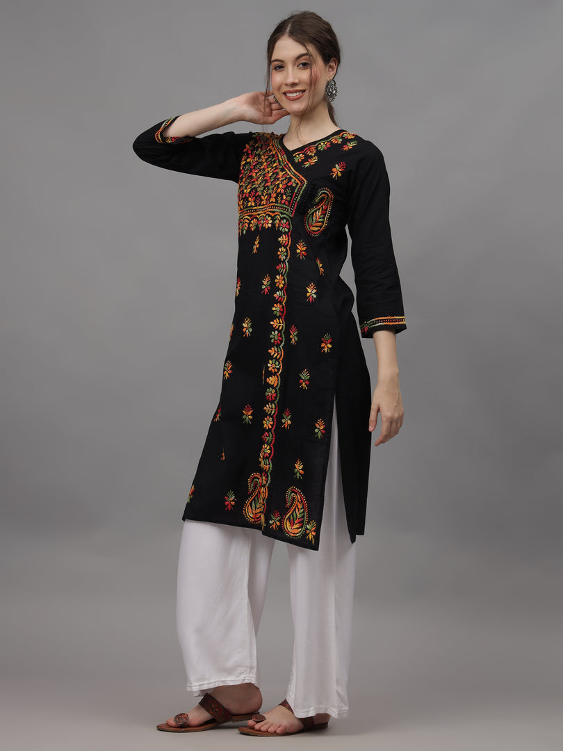 Seva Chikan Hand Embroidered Black Cotton Lucknowi Chikankari Kurta-4626