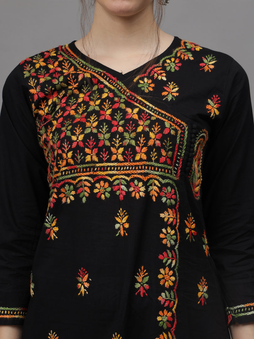 Seva Chikan Hand Embroidered Black Cotton Lucknowi Chikankari Kurta-4626