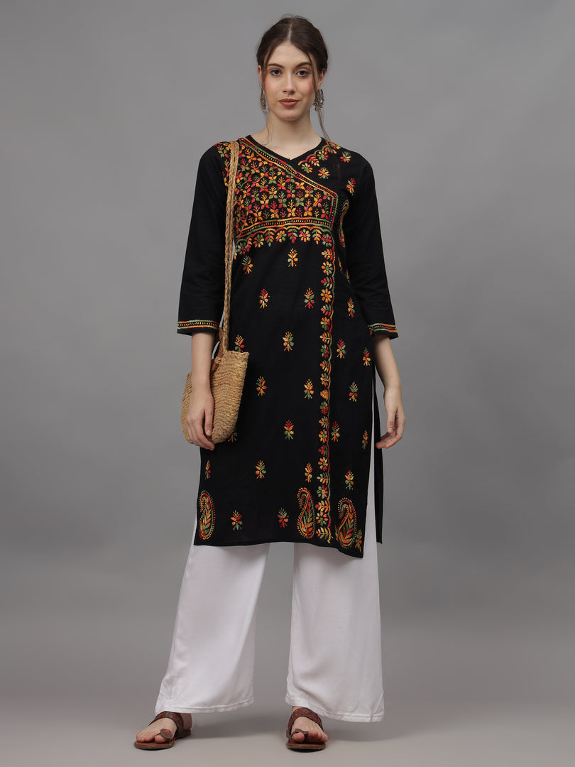 Seva Chikan Hand Embroidered Black Cotton Lucknowi Chikankari Kurta-4626