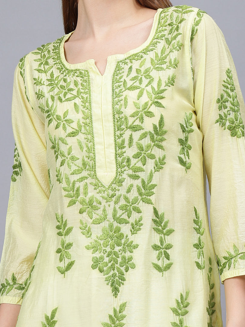 Seva Chikan Hand Embroidered Lemon Chanderi Lucknowi Chikankari Kurta-SCL4675