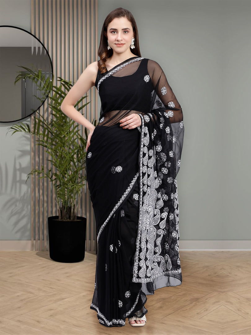 Seva Chikan Hand Embroidered Lucknowi Chikankari Black Georgette Saree- SCL6017