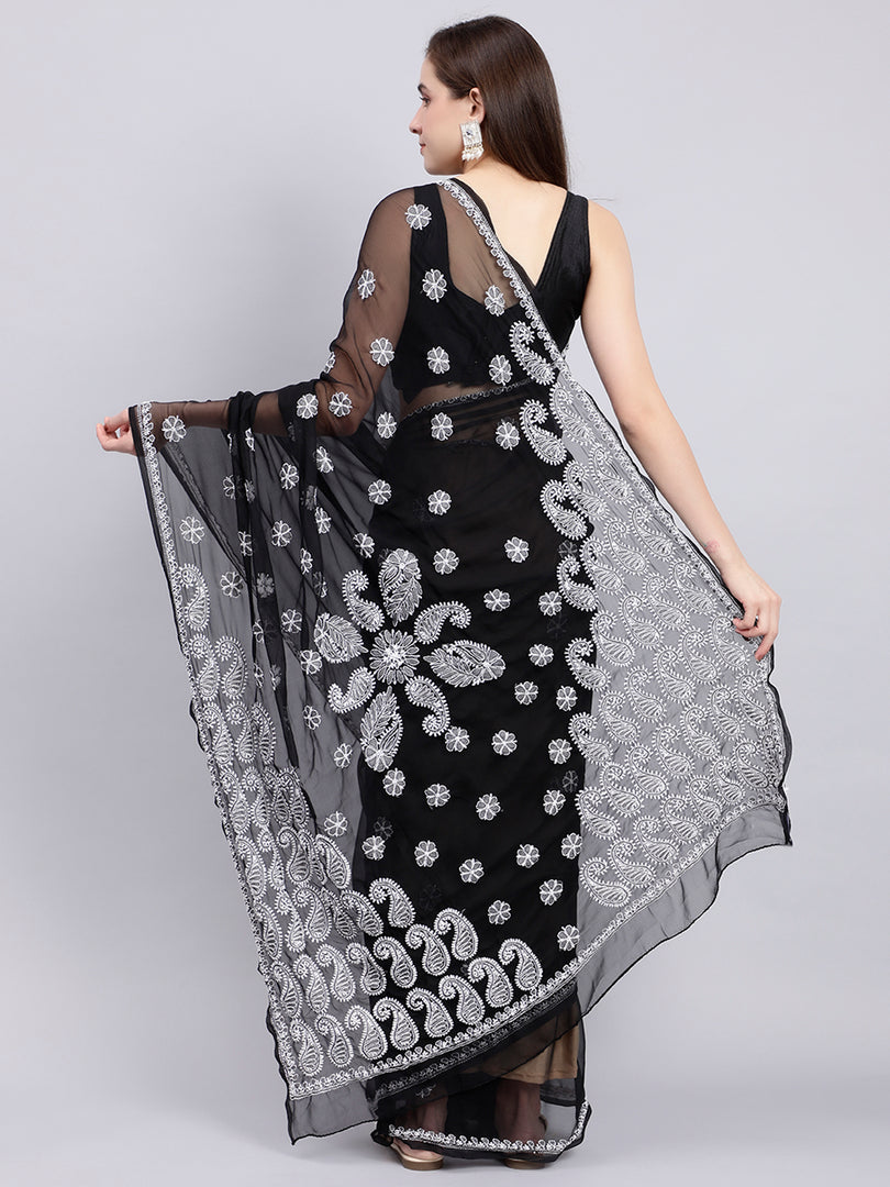 Seva Chikan Hand Embroidered Lucknowi Chikankari Black Georgette Saree- SCL6017
