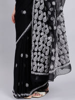 Load image into Gallery viewer, Seva Chikan Hand Embroidered Lucknowi Chikankari Black Georgette Saree- SCL6017