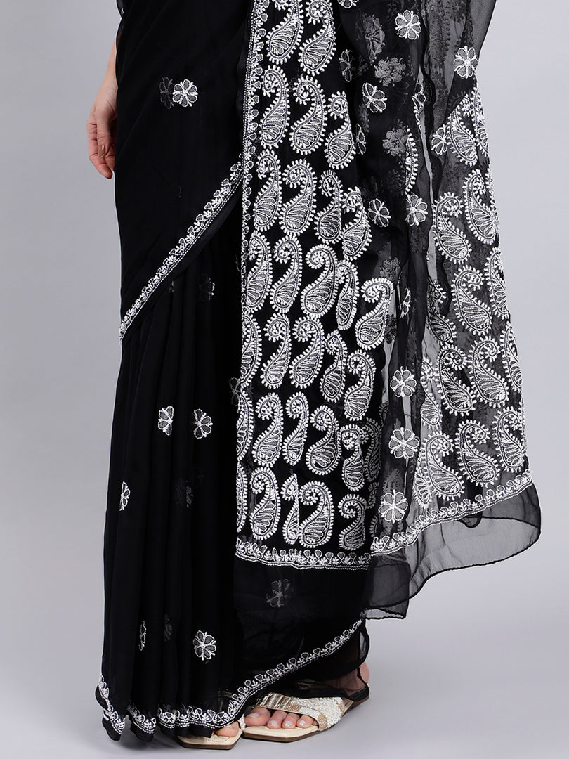 Seva Chikan Hand Embroidered Lucknowi Chikankari Black Georgette Saree- SCL6017