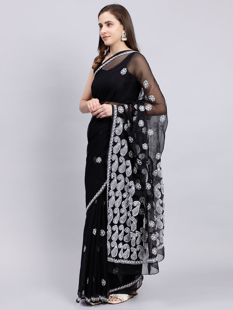 Seva Chikan Hand Embroidered Lucknowi Chikankari Black Georgette Saree- SCL6017