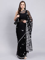 Load image into Gallery viewer, Seva Chikan Hand Embroidered Lucknowi Chikankari Black Georgette Saree- SCL6017