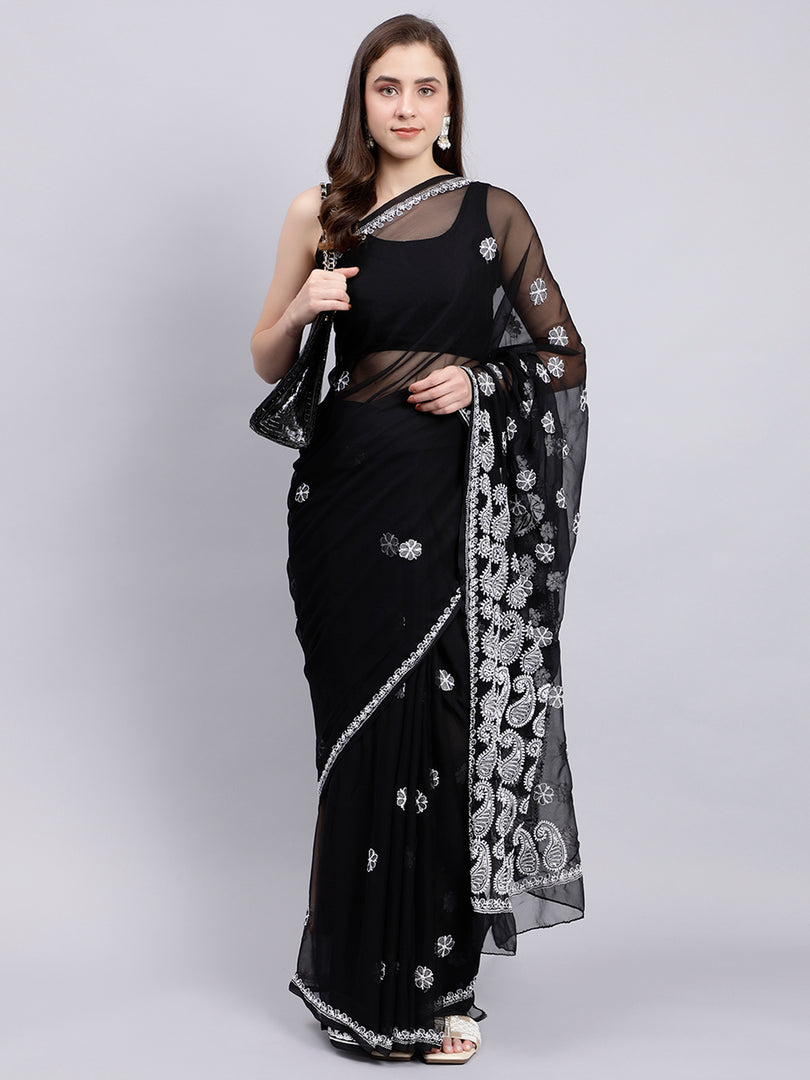 Seva Chikan Hand Embroidered Lucknowi Chikankari Black Georgette Saree- SCL6017