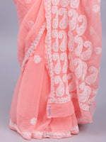 Load image into Gallery viewer, Seva Chikan Hand Embroidered Lucknowi Chikankari Peach Georgette Saree- SCL6018