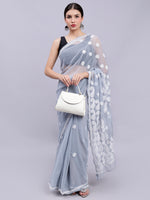 Load image into Gallery viewer, Seva Chikan Hand Embroidered Lucknowi Chikankari Grey Georgette Saree- SCL6021