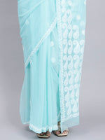 Load image into Gallery viewer, Seva Chikan Hand Embroidered Lucknowi Chikankari Sea Green Georgette Saree- SCL6023