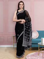 Load image into Gallery viewer, Seva Chikan Hand Embroidered Black Georgette Lucknowi Chikankari Saree- SCL6025