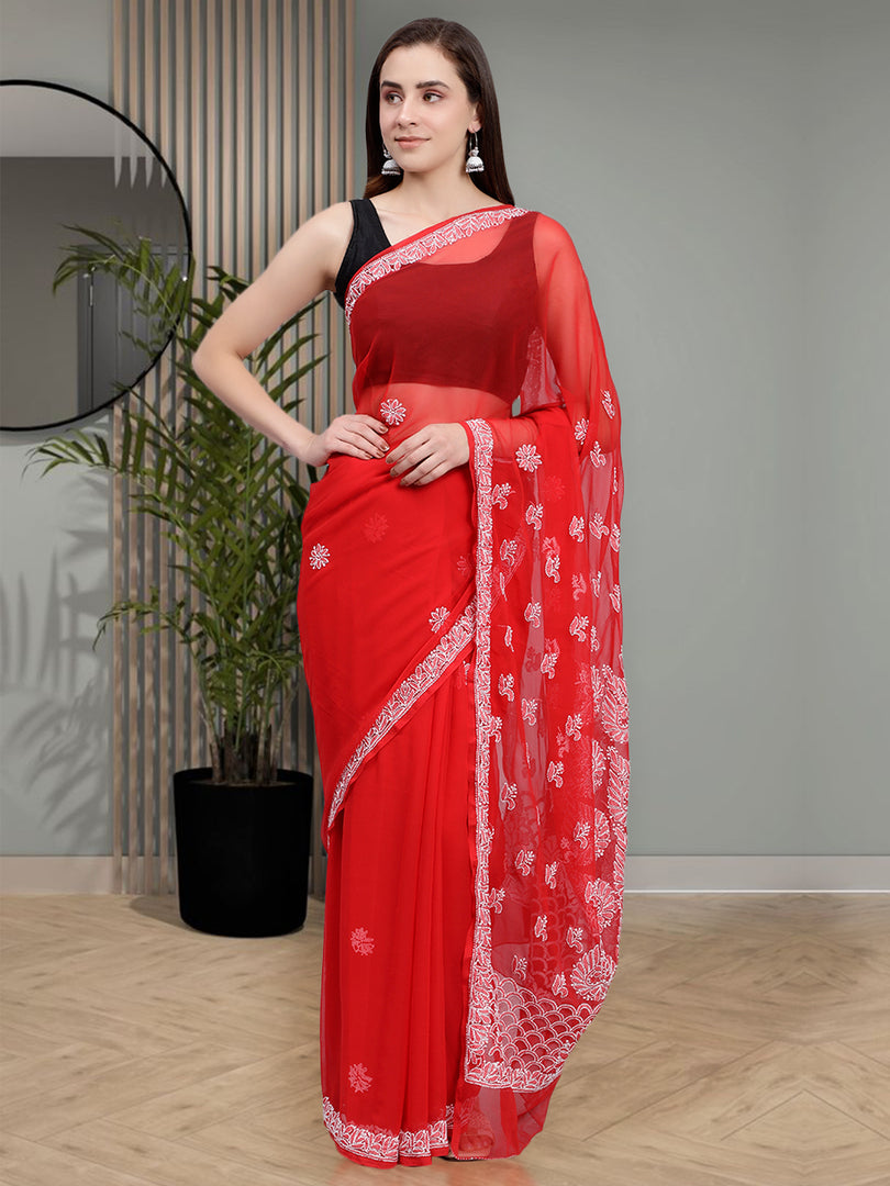 Seva Chikan Hand Embroidered Red Georgette Lucknowi Chikankari Saree- SCL6028