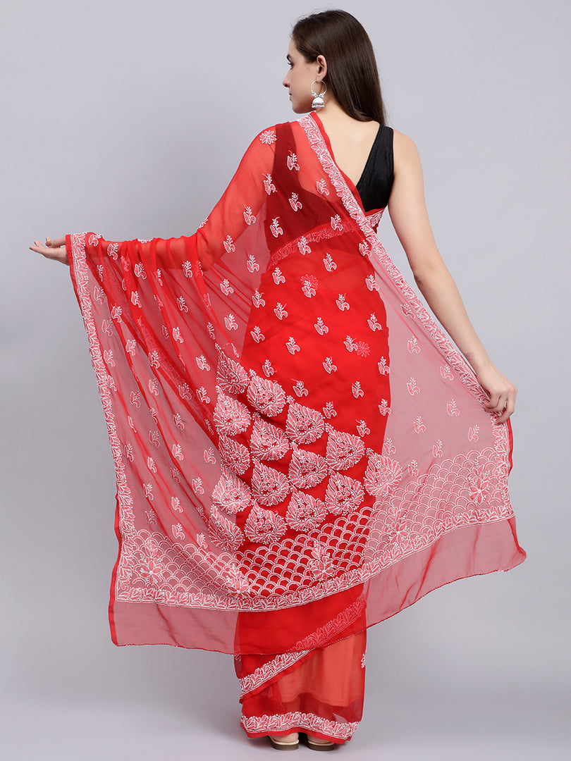 Seva Chikan Hand Embroidered Red Georgette Lucknowi Chikankari Saree- SCL6028