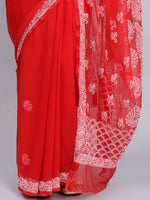 Load image into Gallery viewer, Seva Chikan Hand Embroidered Red Georgette Lucknowi Chikankari Saree- SCL6028
