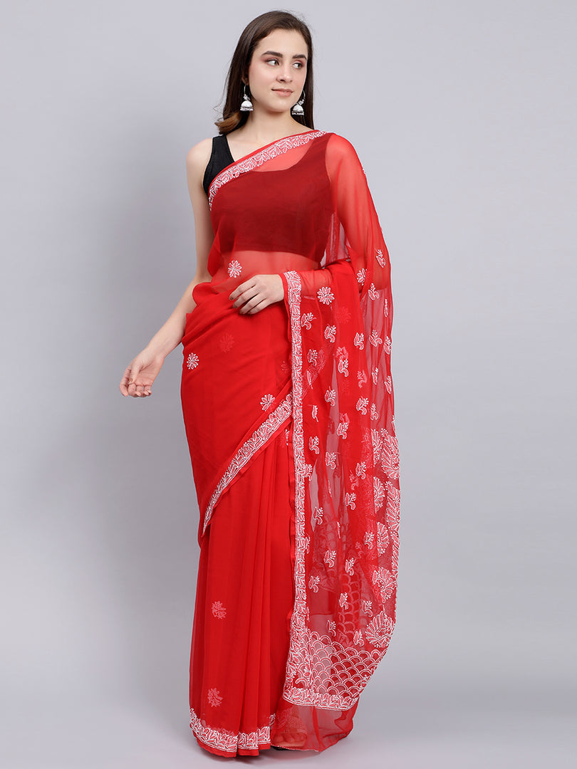 Seva Chikan Hand Embroidered Red Georgette Lucknowi Chikankari Saree- SCL6028