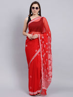 Load image into Gallery viewer, Seva Chikan Hand Embroidered Red Georgette Lucknowi Chikankari Saree- SCL6028

