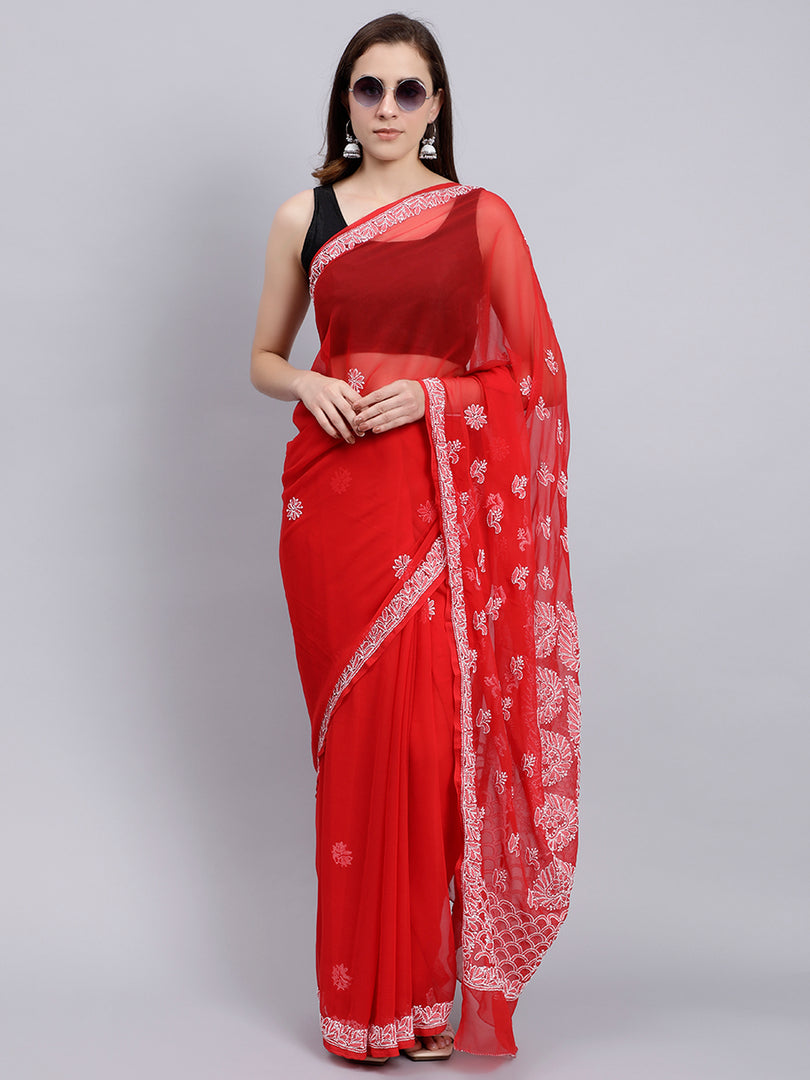 Seva Chikan Hand Embroidered Red Georgette Lucknowi Chikankari Saree- SCL6028