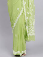Load image into Gallery viewer, Seva Chikan Hand Embroidered Green Georgette Lucknowi Chikankari Saree- SCL6029