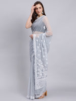 Load image into Gallery viewer, Seva Chikan Hand Embroidered Grey Georgette Lucknowi Chikankari Saree- SCL6030