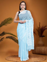 Load image into Gallery viewer, Seva Chikan Hand Embroidered Blue Georgette Lucknowi Chikankari Saree- SCL6033