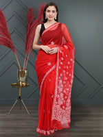 Load image into Gallery viewer, Seva Chikan Hand Embroidered Red Georgette Lucknowi Chikankari Saree- SCL6034