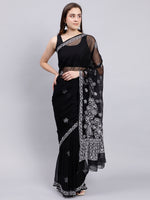 Load image into Gallery viewer, Seva Chikan Hand Embroidered Black Georgette Lucknowi Chikankari Saree- SCL6035