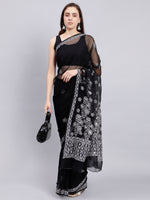 Load image into Gallery viewer, Seva Chikan Hand Embroidered Black Georgette Lucknowi Chikankari Saree- SCL6035