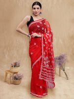 Load image into Gallery viewer, Seva Chikan Hand Embroidered Red Georgette Lucknowi Chikankari Saree- SCL6036