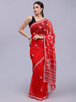 Load image into Gallery viewer, Seva Chikan Hand Embroidered Red Georgette Lucknowi Chikankari Saree- SCL6036