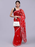 Load image into Gallery viewer, Seva Chikan Hand Embroidered Red Georgette Lucknowi Chikankari Saree- SCL6036