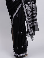 Load image into Gallery viewer, Seva Chikan Hand Embroidered Black Georgette Lucknowi Chikankari Saree- SCL6038