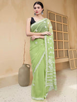 Load image into Gallery viewer, Seva Chikan Hand Embroidered Green Georgette Lucknowi Chikankari Saree- SCL6039