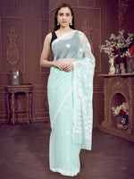 Load image into Gallery viewer, Seva Chikan Hand Embroidered Sea Green Georgette Lucknowi Chikankari Saree- SCL6040