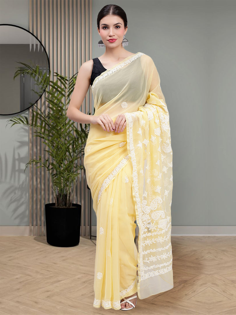 Seva Chikan Hand Embroidered Yellow Georgette Lucknowi Chikankari Saree- SCL6041