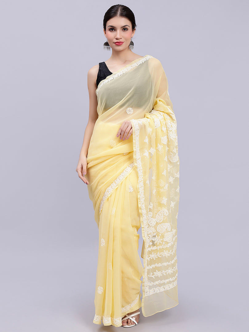 Seva Chikan Hand Embroidered Yellow Georgette Lucknowi Chikankari Saree- SCL6041
