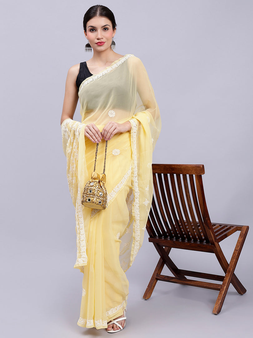 Seva Chikan Hand Embroidered Yellow Georgette Lucknowi Chikankari Saree- SCL6041