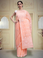 Load image into Gallery viewer, Seva Chikan Hand Embroidered Apricot Peach Terivoil Cotton Lucknowi Chikankari Saree- SCL6042