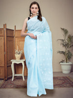 Load image into Gallery viewer, Seva Chikan Hand Embroidered Blue Terivoil Cotton Lucknowi Chikankari Saree- SCL6044