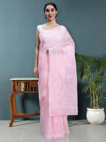 Load image into Gallery viewer, Seva Chikan Hand Embroidered Pink Terivoil Cotton Lucknowi Chikankari Saree- SCL6045
