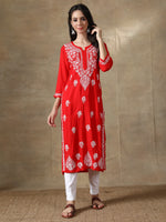 Load image into Gallery viewer, Seva Chikan Hand Embroidered Red Modal Cotton Kurta with Pant-SCL8014