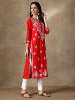 Load image into Gallery viewer, Seva Chikan Hand Embroidered Red Modal Cotton Kurta with Pant-SCL8014