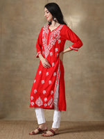 Load image into Gallery viewer, Seva Chikan Hand Embroidered Red Modal Cotton Kurta with Pant-SCL8014