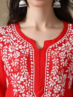 Load image into Gallery viewer, Seva Chikan Hand Embroidered Red Modal Cotton Kurta with Pant-SCL8014